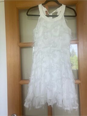 White Feather-Texture Party Dress Allyn Designer with satin zip back- A line